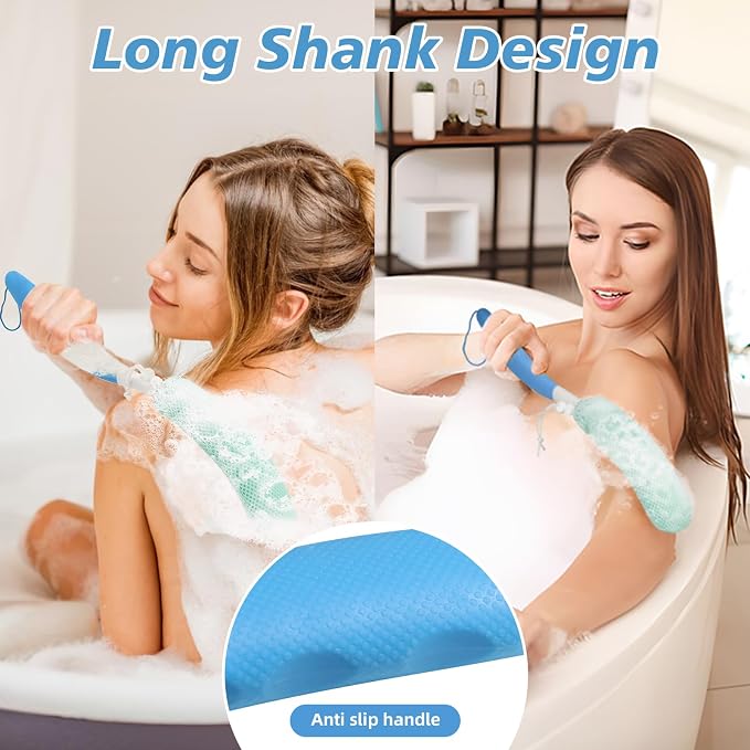 Back Bath Brush with Sponge, 15.35"Back Scrubber with Anti-Slip Long Handle | Back Scrubber for Shower, Curved Long Handle Bath Body Brush for Elderly Aid Bathing and Shower, Exfoliating Body Scrubber