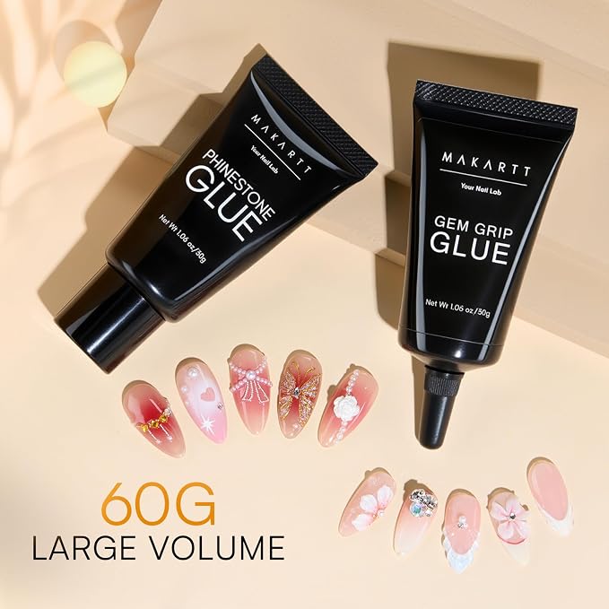 Makartt Rhinestone Glue Gel Set, 2-Pack 60g Low and Medium Viscosity | Strong Hold 30 Day Clear Cured Gel for Nail Charms, Rhinestones, Gems and 3D Decorations. Use for Salon or At-Home Nail Art.