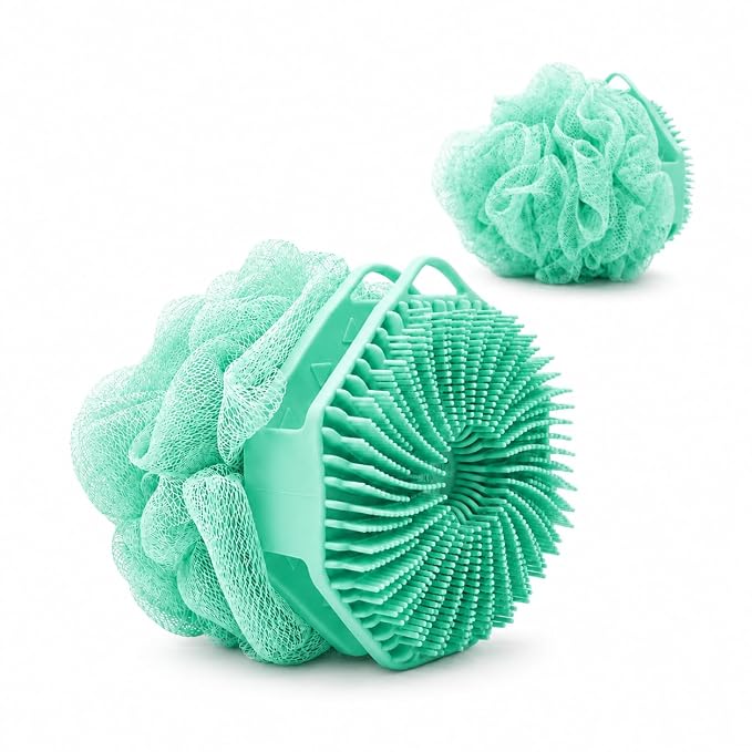 2-in-1 Silicone Body Scrubber & Mesh Loofah Sponge – Exfoliating Silicone Shower Scrubber with Soft Loofa Puff, Bristles, Non-Slip Grip, Quick Dry, Hygienic Body Scrubber for Women & Men
