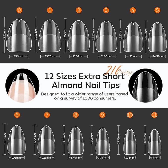 Modelones Extra Short Almond Nail Tips Pre-shaped Gel Soft Fake Nails False | Acrylic Clear Full Cover Press on Extension Kit Gel Manicure DIY at Home 216PCS 12Sizes