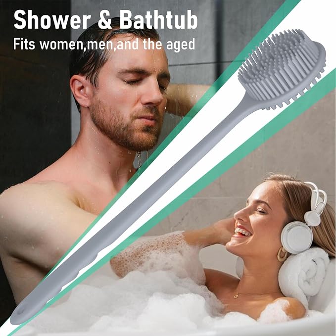 KXF Silicone Back Scrubber for Shower Bath Body Brush with Long Handle Double Sided Exfoliating Shower Brush with a Hook and a Lanyard