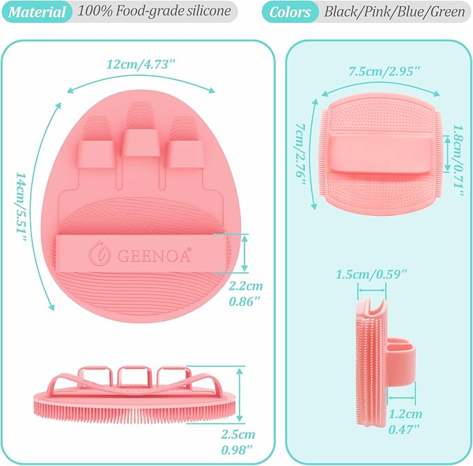 Silicone Body & Face Scrubber Set, 360° Anti-Slip & Hand-fit Silicone Shower Scrubber for Rich Foaming Deep Cleaning, Unique Facial Scrubber with Side-bristles for Contoured Areas.(Pink)
