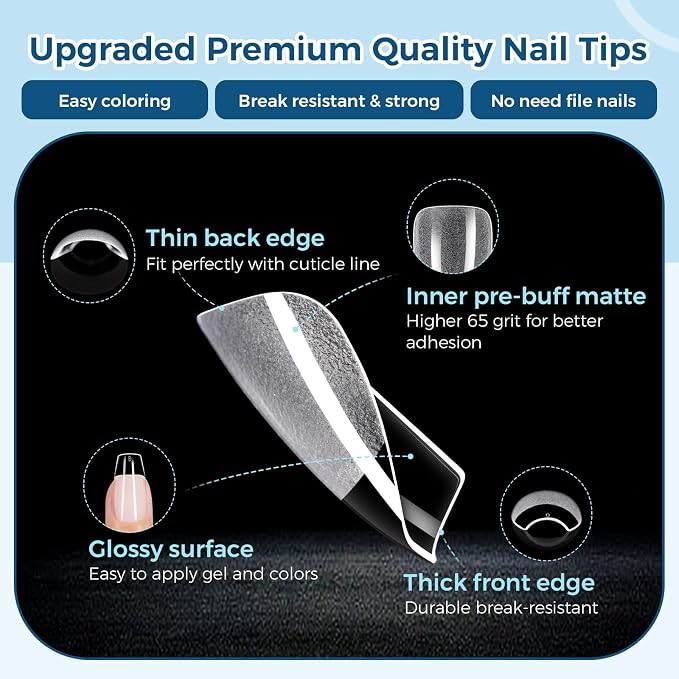 TOMICCA Short Coffin Nail Tips, 240pcs 15 Sizes, Soft Gel Tips | Half Matte Pre-Shaped Full Cover Clear Fake Nails, Acrylic Press on Nails for Extension, Beginners and Professional Salon
