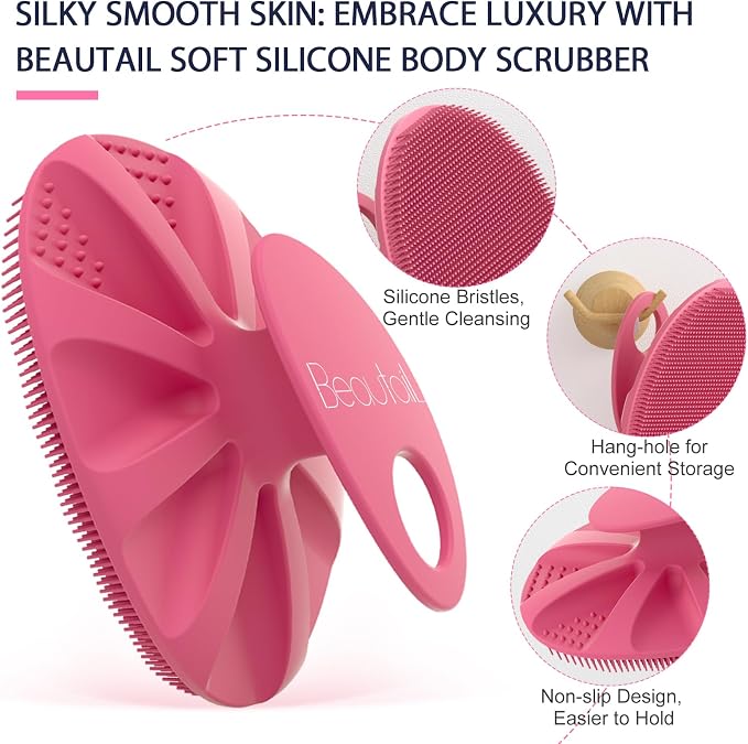 Silicone Body Scrubber, BEAUTAIL Gentle Exfoliating Brush on Sensitive Skin | Soft Shower Scrubber for Body, Hygienic Silicone Loofah, Bathroom Essentials Brush for Women, Men & Kids, 1-Pack, Pink