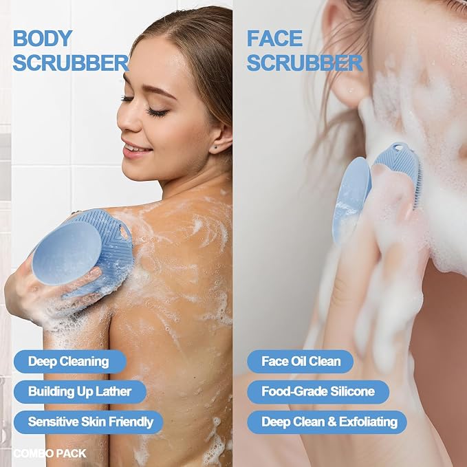 Soft Silicone Body Scrubber, Face Scrubber Silicone, Gentle Texture Exfoliating Body Scrubber for Men and Women On Sensitive Skin, Back Large Suction Cup for Easy Dry and Store (Blue)