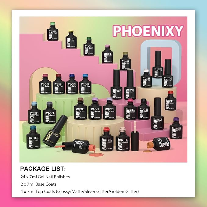 phoenixy 30pcs Gel Nail Polish Set | 24 Colors, 6pcs Base and Top Coat, Glitter Pink White Red Black Purple Blue Yellow, U V Gel, DIY Gifts for Women