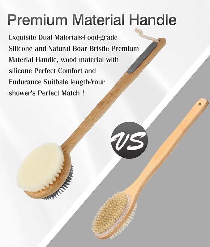 Back Scrubber for Shower - Double-Sided Silicone and Super-Dense Bristles for Deep Cleaning & Exfoliation, Bamboo Long Handle with Wider Anti-Slip Grip, Rich Foam, Durable (Grey)