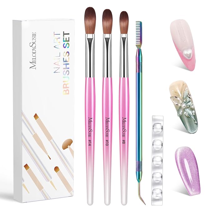 MelodySusie Acrylic Nail Brush Set, Size 8,10,14 Professional Pink Silver Nail Brushes with Cleaner Tool and Brush Holder, for Acrylic Powder Nail Extension and 3D Nail Carving, Home DIY Salon