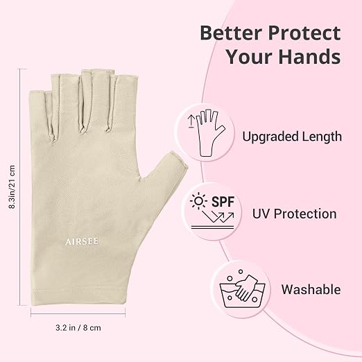 AIRSEE UV Gloves for Nail Lamp,Professional UPF50+ UV Protection Gloves for Manicures Nail Art,Fingerless Gloves That Shield Skin from The Sun and Nail Lamp (Nude)
