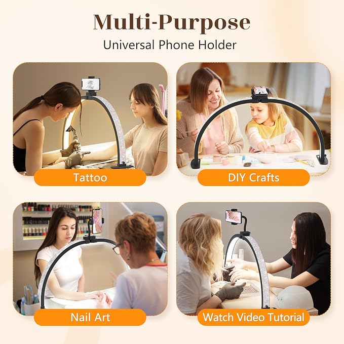 Yokilly Half Moon Light for Nail Desk: 29" Foldable Nail Light for Desk | Arch Nail Tech Light with Phone Holder for Beginner - 3 Color Modes & 10 Brightness for Manicure Salon-Black