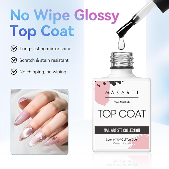 Makartt 2 Pcs Gel Top Coat and Base Coat Set, No Wipe Shine Finish | Soak Off Base Top Coat Long Lasting for Gel Nail Polish, LED UV Lamp Needed, Salon Quality Nail Manicure Gifts 10ML