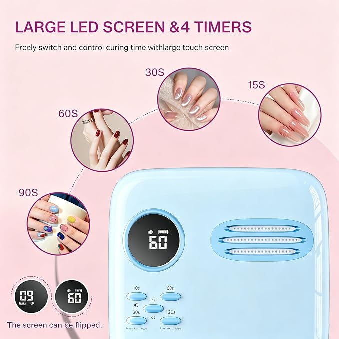 UV LED Nail Lamp for Gel Polish 72W Rechargeable Gel Nail Lamp Cordless Nail Dryer with Replaceable Light Board UV Light for Gel Nails for Home and Salon Use(Light Blue)