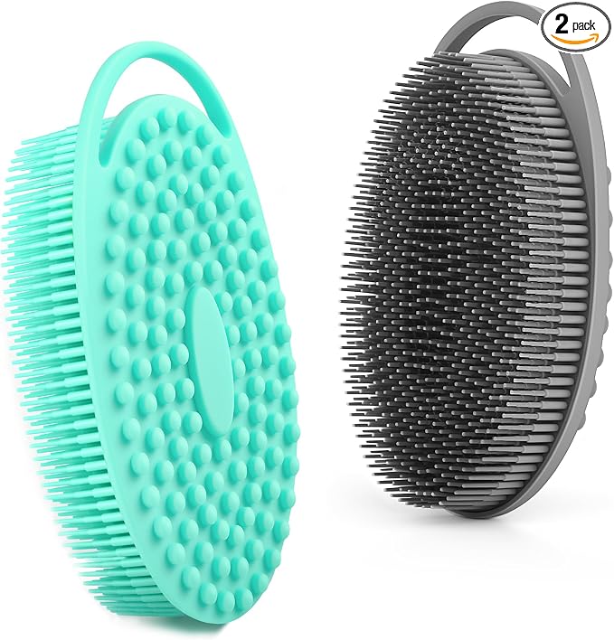 Silicone Body Scrubber Loofah – 2 Pack Soft Shower Scrubber, Gentle Loofah Alternative for Sensitive Skin, Fast-Drying & Hygienic Body Wash Brush, Easy to Clean, Grey & Green