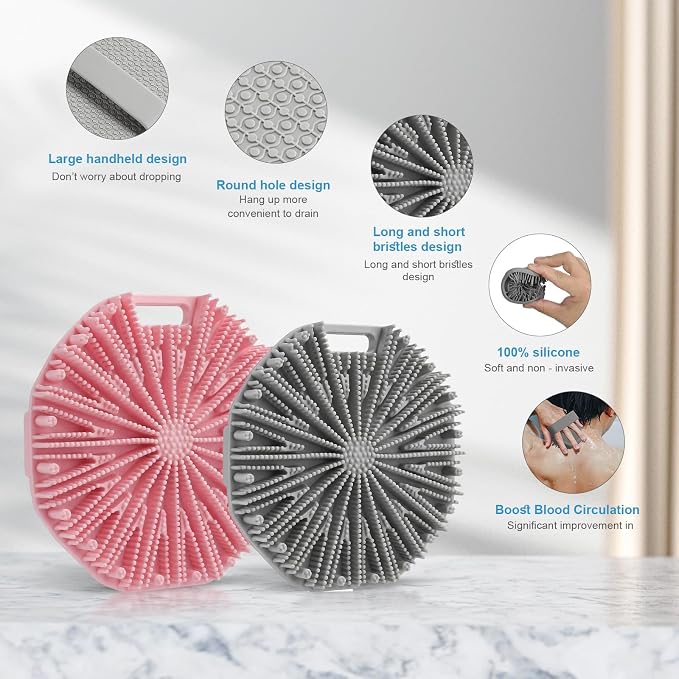 2Pcs Silicone Body Scrubber,Exfoliating Body Scrubbers for use in Shower,Silicone Body Brush for Showering and Anti-Slippery Handles for All Skin Types,Eco Friendly Shower Scrubber for Body（Pink+Grey）