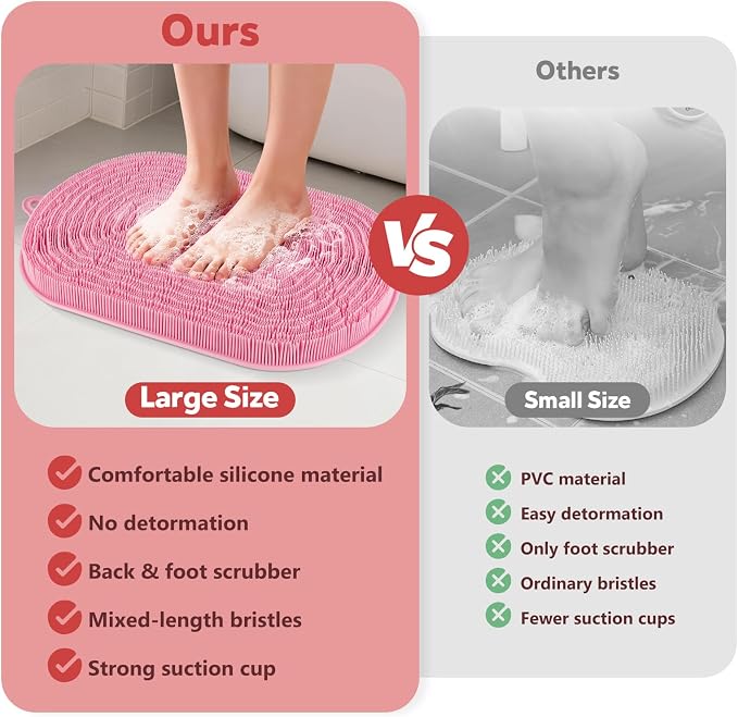 Silicone Shower Foot Scrubber Mat, 21"x14" Shower Mat, Pink | Large Foot Scrubber for Shower, Suction Cups, Feet/Back Exfoliating Cleaner, Dead Skin Removal, Deep Clean, Soft Long Bristle