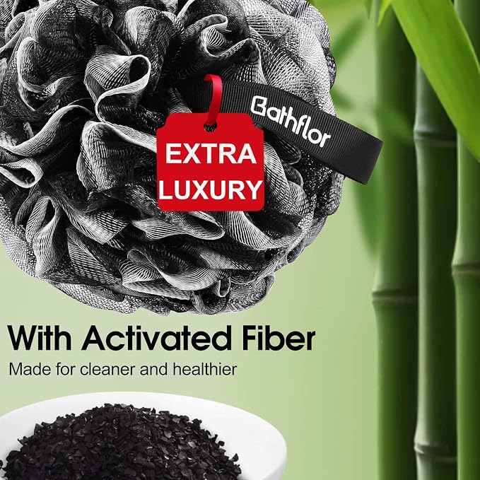 5 PCS Large Shower Loofah Bath Sponge, Body & Back Scrubber for Women Men | Charcoal Poufs, 4PCS 80g Extra Big Exfoliating Loofa Pack, 1PCS Long Handle Back Scrub Luffa, 1PCS Lufa Hook, Black