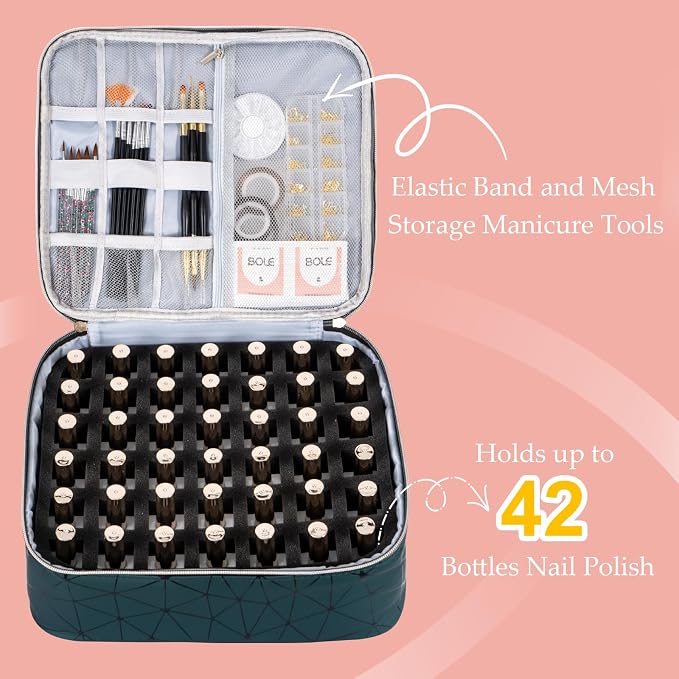 Uross Nail Polish Organizer Bag Holds 42 Bottles Nail Polish & Nail Lamp, Gel Nail Polish Organizers and Storage box for Nail Tech, Nail Kit Supplies Organizer Case - Darkgreen