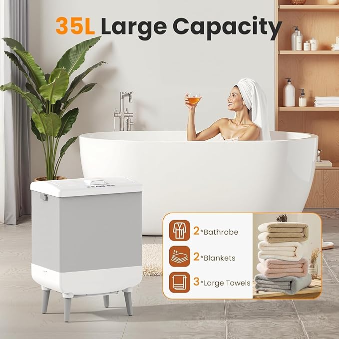 Electactic Towel Warmer for Bathroom, 35L Foldable Hot Towel Warmer Bucket with 24H Timer, Heat&Dryer 2 in 1 Blanket Warmer with 2 Hanging Hooks, Fits 3 Oversized Towels or 2 Bathrobes for Home & Spa