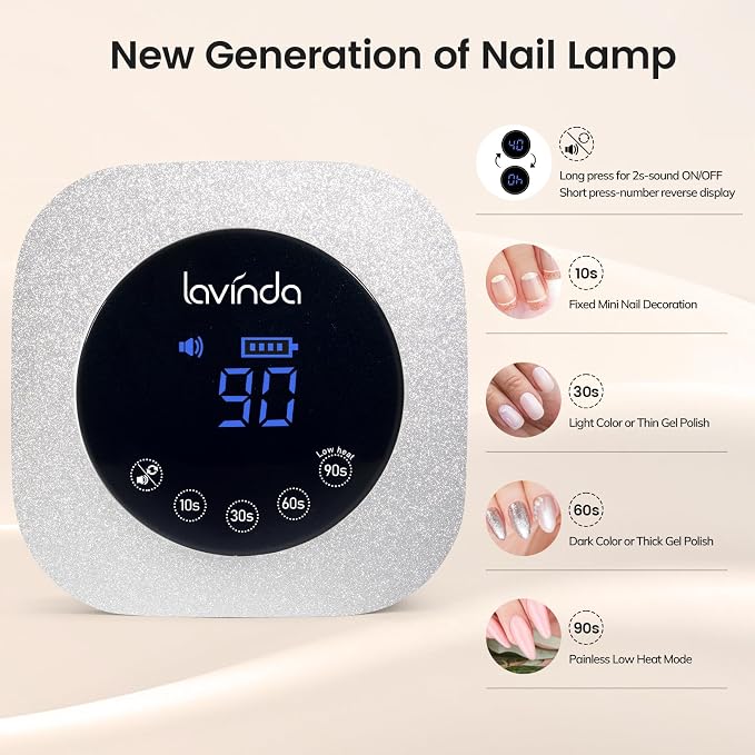 Lavinda 54W UV LED Nail Lamp for Gel Polish, Frosted Silver Glitter | Rechargeable, 36 dual-wavelength LEDs, 4 timers, Low heat, Auto sensor, Touch LCD, Removable magnetic base, for gel polish
