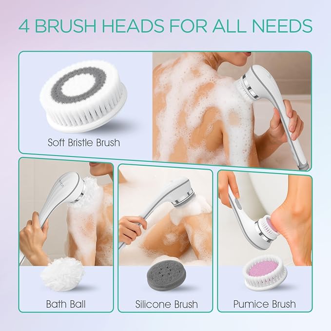 VOYOR Electric Body Brush Back Scrubber for Shower Rechargeable BC100, Grey | Exfoliating Bath Brush Powered Shower Brush with Non-Slip Long Handle Deep Cleansing, Exfoliation, Massaging Spin Brush