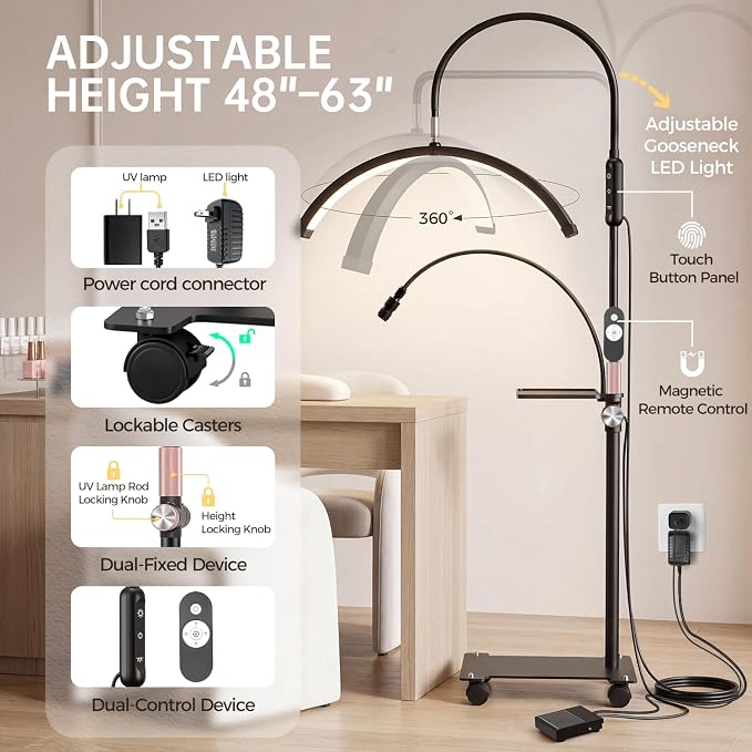 Half Moon Light for Esthetician with Nail UV Lamp | Gooseneck Lash Light, Eyelash Extensions, 36W 308 LED 5 Color Temps 3600LM, Rolling Floor Lamp, Tattoo Salon Use