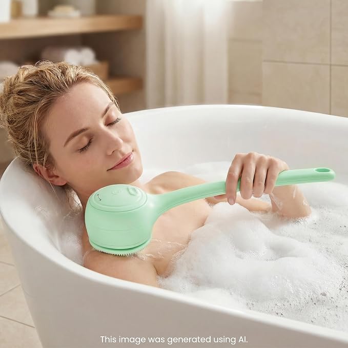 Electric Body Brush Back Scrubber for Shower，5 Replaceable Heads and Hook,Waterproof Long Dual Handle Power Body Scrubber 2 Speeds, for Cleansing Body, Exfoliating and Massaging Skin.