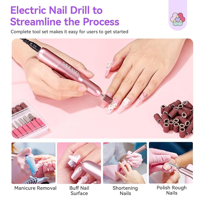 SAVILAND All-In-1 Acrylic Nail Kit with Drill & Nail Lamp Women Gift Set | All-in-1 beginners set, practice fingers, cuticle oil, cuticle remover,durable wearing, prevents chipping, home salon use