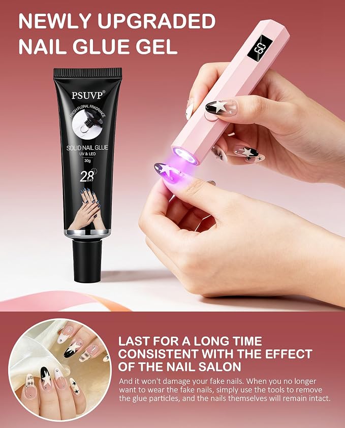 Solid Gel Nail Glue30g w/Mini UV Lamp,For Acrylic Fake&Press OnNails | Strong, secure after cure, waterproof, long lasting, Mess-free & Easy use, Floral Scent, Safe & Gentle, Salon Quality at Home
