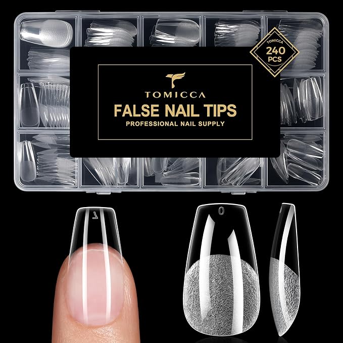 TOMICCA Medium Coffin Nails Tips, 240PCS 15 Sizes Pre-Shaped Ultra Half Matte Clear Full Cover Clear Acrylic Nails for DIY Salon, Gel Nail Extension Tips for Beginners & Nail Techs