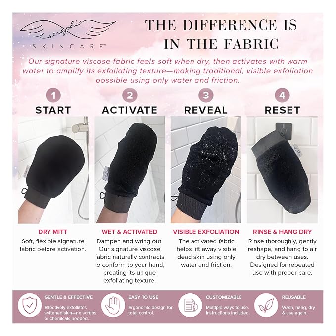 Seraphic Skincare Original Premium Exfoliating Mitt for Body (1pc) – 100% Vegan Viscose Traditional Body Scrub Glove Kessa Korean Washcloth – Body Exfoliator for Self-Tan Removal & Keratosis Pilaris