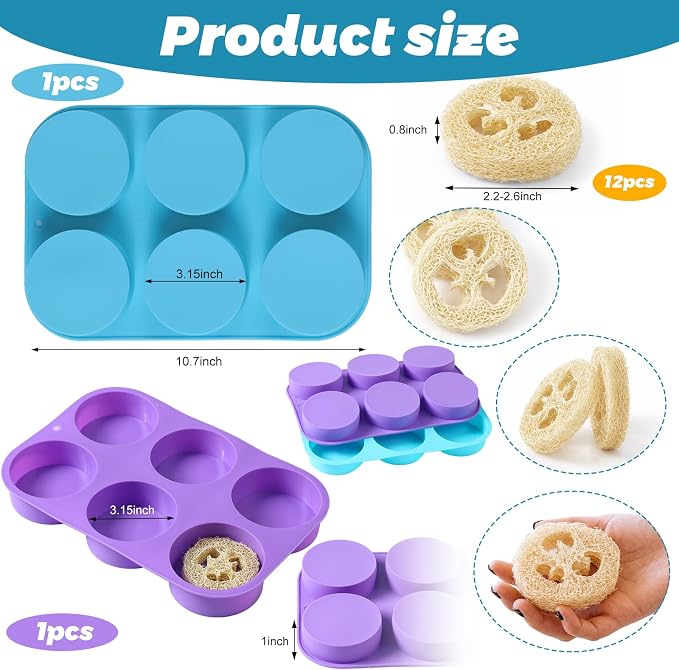 Sliner 2 Pcs 3 Inch Round Silicone Soap Molds & 12 Natural Loofah Sponges, Exfoliating Body Scrubbers for Soap Making, Shower Steamers, Bath Bombs, Lotion Bars - Suitable for Women and Men