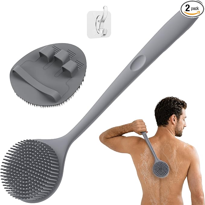 Manmihealth Silicone Back Scrubber & Soft Shower Brushes Set 2PCS Gray | Silicone Body Scrubber with Thin Dense Bristles & Bath Glove Brush Combination, Super Lathering & Exfoliating