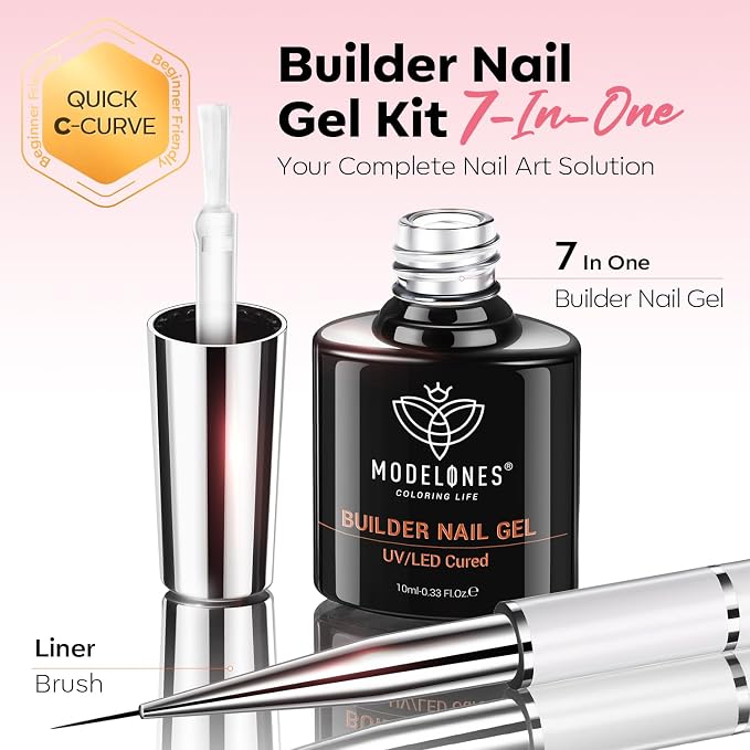 modelones Builder Nail Gel, Clear Builder with Detachable Liner Nail Brush | 7-in-One Strengthener Color Rubber Base Coat Nail Polish for Apex Building Extension Thickening 10ml, LED Lamp Cured