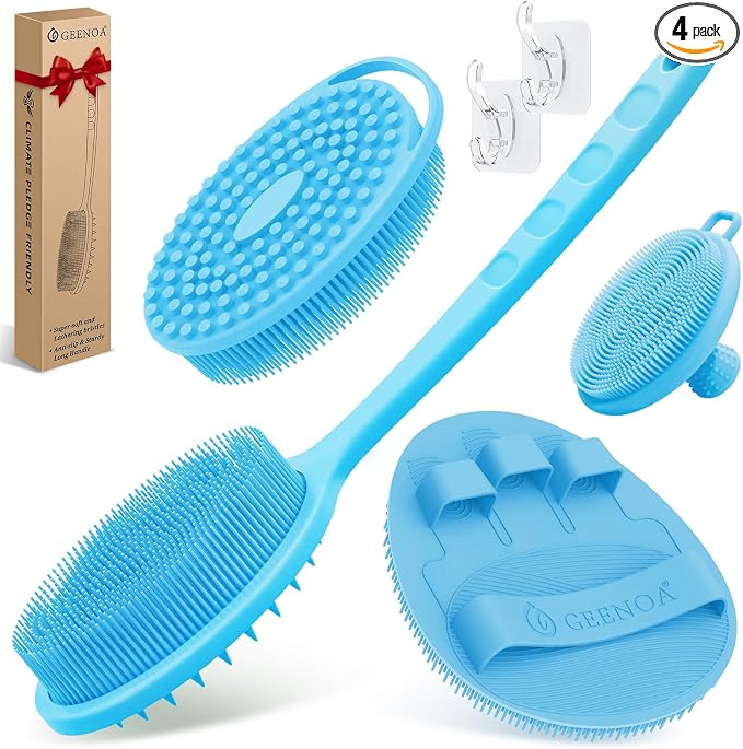 Silicone Back/Body/Face Scrubber & Soft Bath Glove Set 4PCS, Gentle Exfoliating Back & Body Scrubber with Dual-Side Brush Head, Hand-fit Bath Glove & Face Scrubber for Deep Cleaning(Blue-4PC)