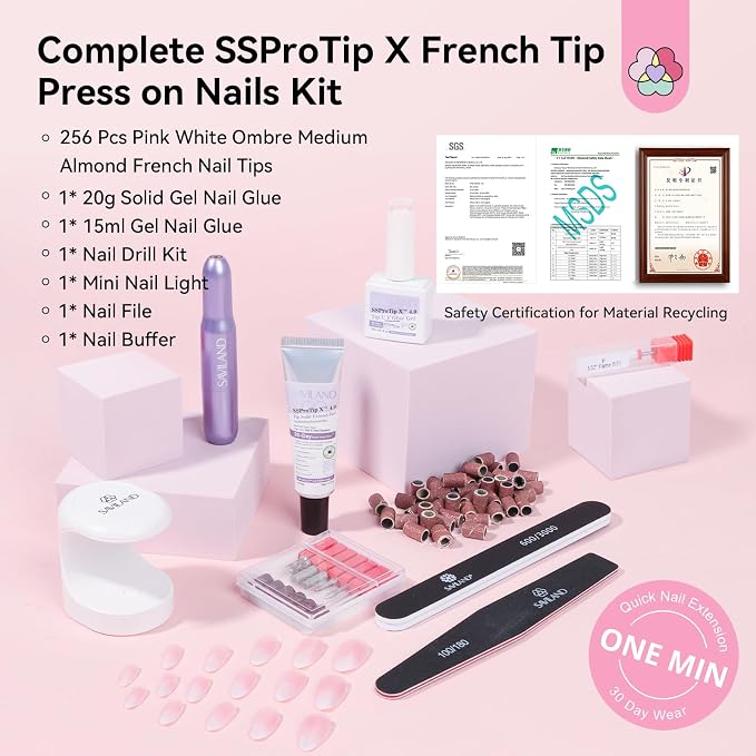 SAVILAND Press On Almond Nails: 4-In-1 Tips With Glue, White Pink Ombre Medium, 256 Pcs False Tips, Strong Glue, Mini Lamp, Electric Drill, Nail Stuff for Home
