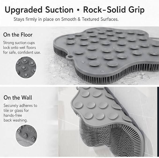 Silicone Shower Foot Scrubber Mat, Dual-Sided, 11.8 x 11 in, 1 Pack | Foot Scrubber in Shower for Deep Cleaning & Exfoliation. Wall-Mounted or floor use with suction cups for feet and back.