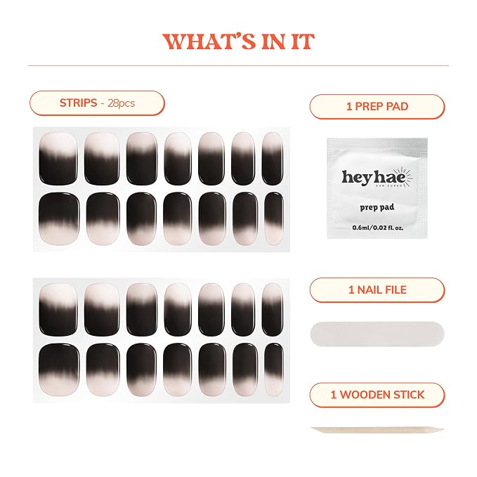 Heyhae Semi Cured Gel Nail Strips Salon Quality - Hey, Flash On Please | No UV Light Needed | Salon Quality, Easy Apply & Remove | 28 Strips, 1 Prep Pad, Nail File, Wooden Stick | Black Ombre