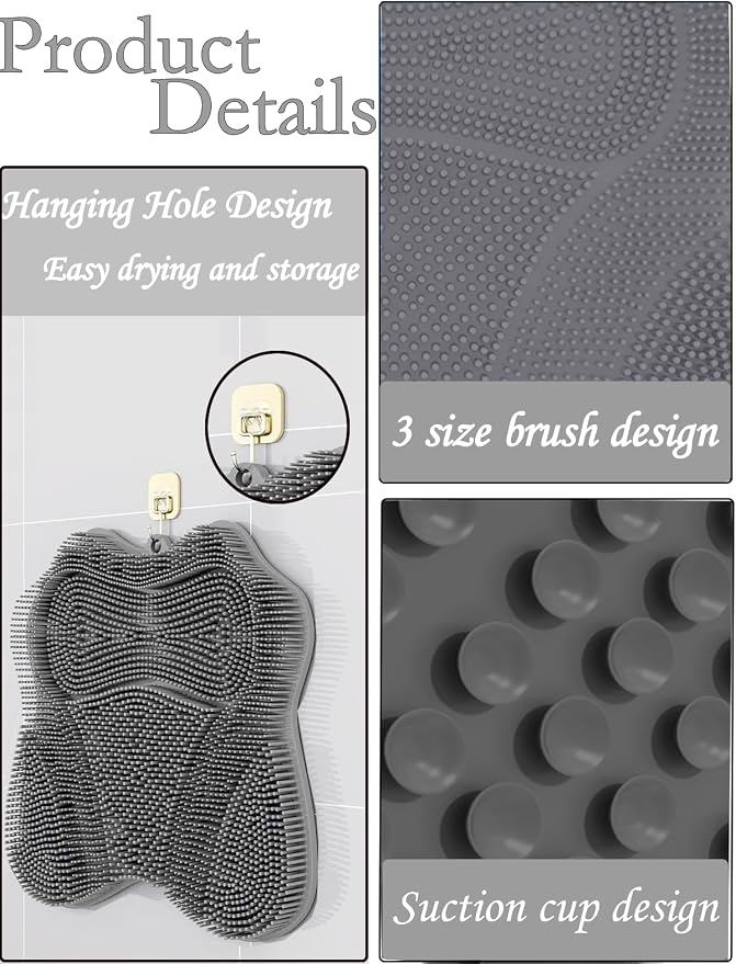 Shower Foot Scrubber Mat,Wall Mounted Back Scrubber Silicone Bath Massager Cushion Brush with Non-Slip Suction Cups,Foot Scrubber for Use in Shower for Improve Skin Exfoliation(Grey)