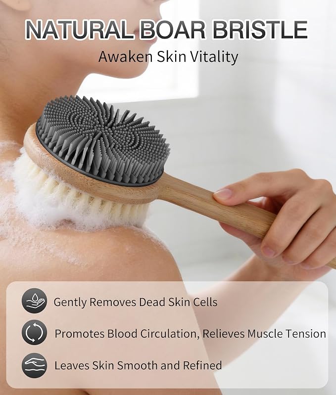 Back Scrubber for Shower - Double-Sided Silicone and Super-Dense Bristles for Deep Cleaning & Exfoliation, Bamboo Long Handle with Wider Anti-Slip Grip, Rich Foam, Durable (Grey)