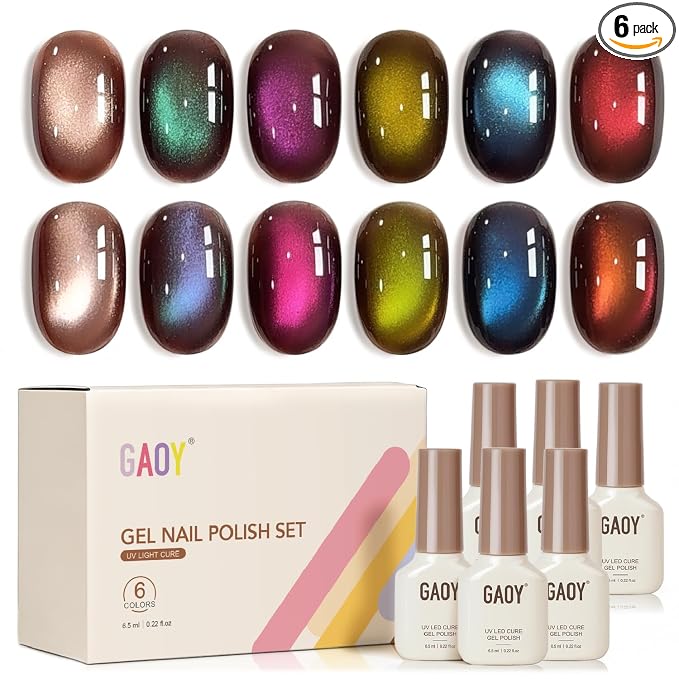 GAOY Iridescent Cat Eye Gel Nail Polish 6 Colors with Magnet, Aurora Shift | Holographic Glitter Cateye, Built-in Brown Base, Green, Red, Purple, Blue, Yellow, Fall Christmas Holiday, Gift for Women
