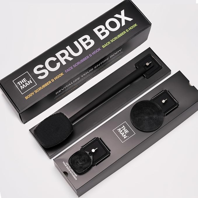 The Man Scrub Box - Complete Shower Scrubber Set for Men | Complete face, body and back shower scrub set with hooks for exfoliation, smoother-feeling skin and storage.