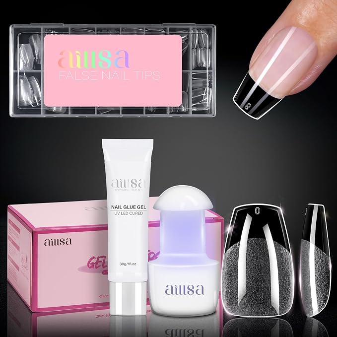 AILLSA Nail Tips and Glue Gel Kit Short Coffin Nail Tips 120pcs | Upgrade Glue Gel for Fake Tips Press on Nails, Nail Extensions Kit with Portable Nail Lamp for Beginners