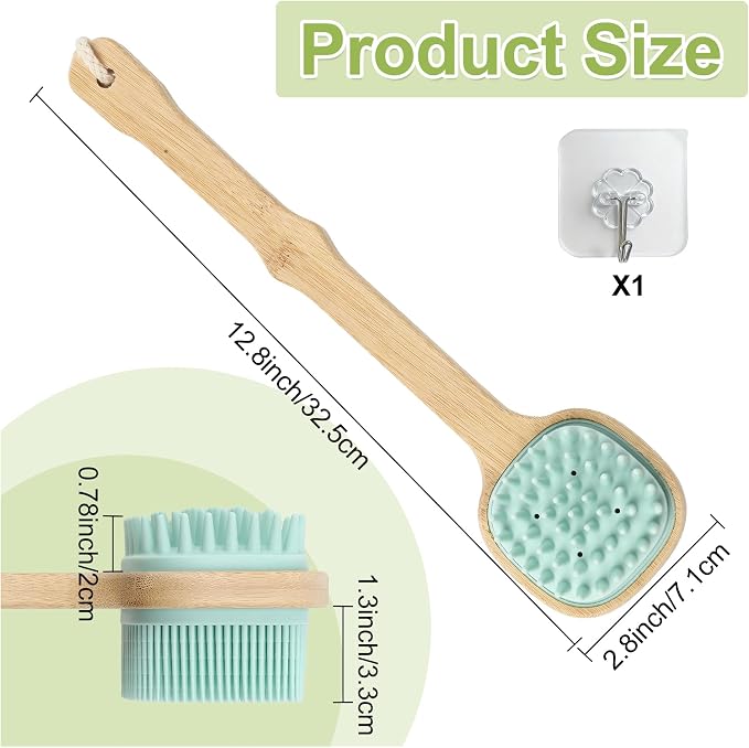 Silicone Back Scrubber for Shower, Silicone Bath Body Brush Loofah with Long Handle, Dual-Sided Shower Brush for Body, Lake Blue Exfoliating Body Scrubber for Men Women, Back Washer for Men with Hook