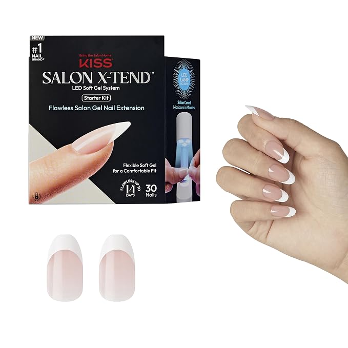 Kiss Salon X-tend, Press-On Nails, Nail glue included, Pure', Light White, Medium Size, Oval Shape, Includes 30 Nails, 5Ml Led Soft Gel Adhesive, 1 Led Lamp, 1 Prep Pad, 1 Manicure Stick, 1 Mini File