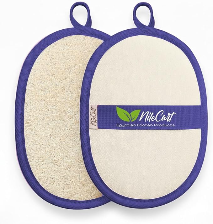 NileCart Natural Loofah for Men, Navy Blue, 2 Pack | Egyptian Luffa Sponge Pads, Body Exfoliator Scrubber, Bath & Shower