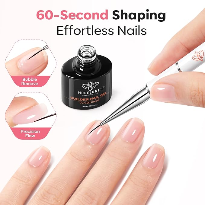 modelones Builder Nail Gel, Clear Builder with Detachable Liner Nail Brush | 7-in-One Strengthener Color Rubber Base Coat Nail Polish for Apex Building Extension Thickening 10ml, LED Lamp Cured