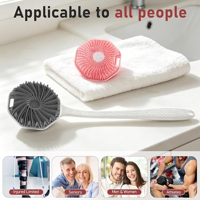 Back Scrubber for Shower 2 Pack, Silicone Scrub Brush with Long Handle & Unique Soft Body Scrubber, Detachable Body Brush Shower Lather Well Deep Clean Exfoliating for Women Men Sensitive Skin Gy&Pk