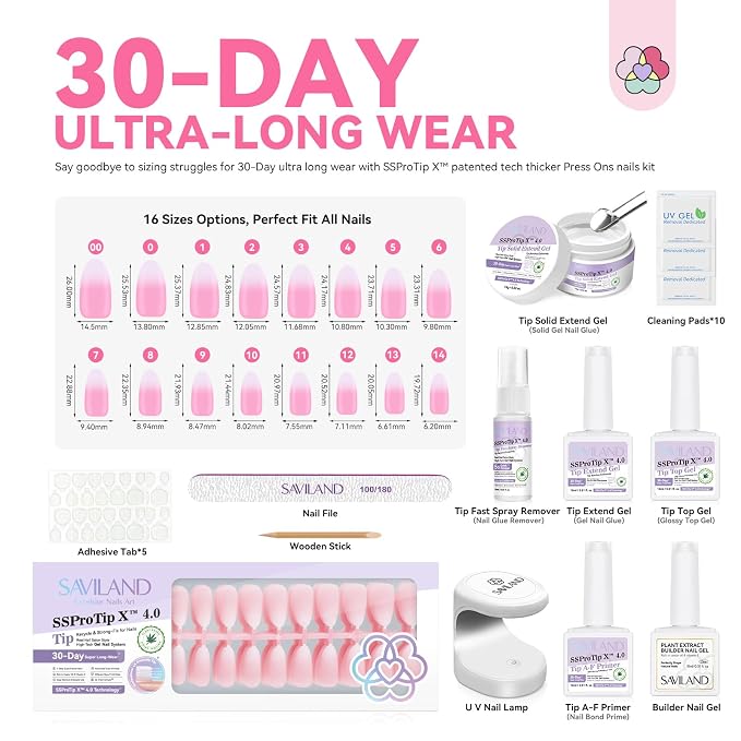 SAVILAND Almond Nail Tips 30 Days Wear: 96 Pcs 16 Sizes French Tip Nails Pink White Ombre Full Cover False Nail Tips Strong Nail Glue For Nail Tips Nail Primer Builder Nail Gel LED Lamp Manicure Kit
