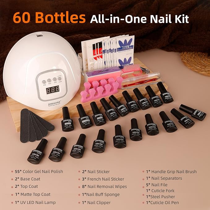 JODSONE 60 PCS Gel Nail Polish Starter Kit with U V Light 55 Colors Gel Polish Base Top Coat for Women and Girls