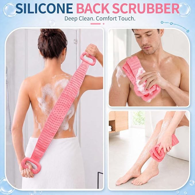 Manmihealth 36'' Extendable Silicone Back Scrubber for Shower Black+Pink | Back Washer with Long Strap Handle, Dual-Sided Silicone Body Brush for Men and Women